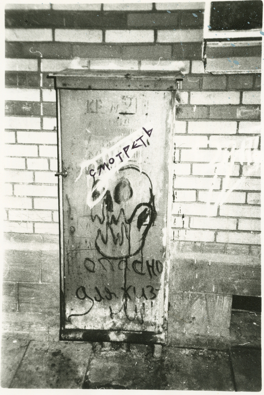 Железный распределительный щит с граффити. Петергоф. Недатированная фотография из архив (Е-Е) Евгения Козлова