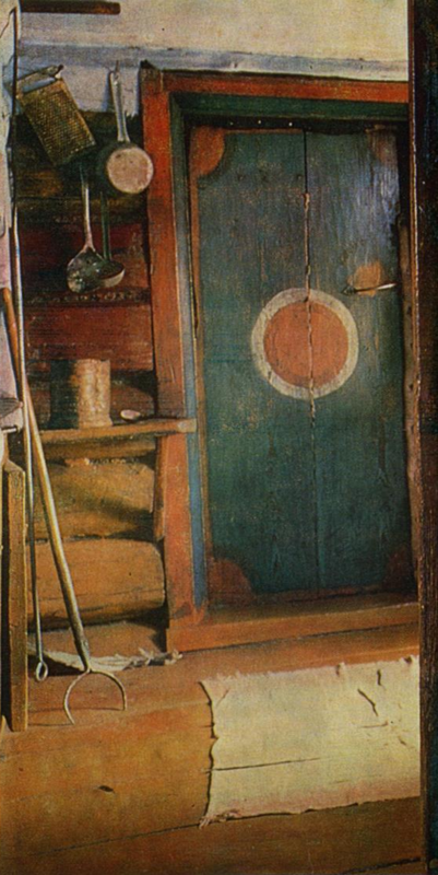 Исторический пример такой росписи на двери 1892 года (фото из книги В. А. Барадулина «Народные росписи Урала и Приуралья»).